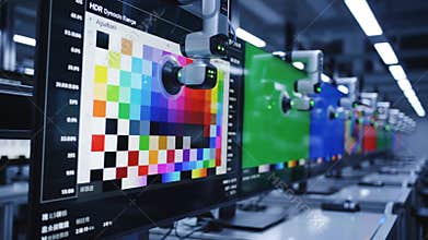 Cinematic Tracking Shot of Digital Displays Showing Color Calibration Patterns in a Dark Industrial Setting with