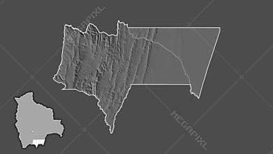 Tarija - department of Bolivia, extruded and isolated. Grayscale