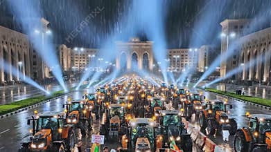 Tractor convoy in rainy night plaza, headlights cutting through heavy rain, thousands of tractors aligned in rows before grand