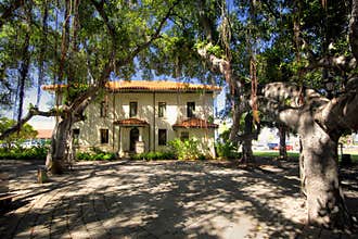 Old Courthouse and Banyan tree in courtyard square. Lahaina Harbor on Front street, Maui, Hawaii