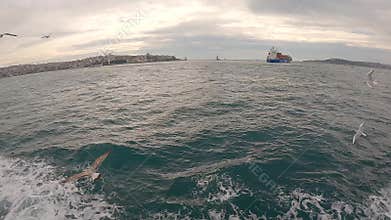 Cargo Ship Passing Through Bosphorus Strait. Bulk Carrier Ship, Bosphorus Strait, Turkey