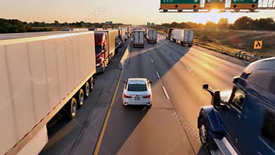 Sunset car threading through heavy truck convoy on multilane interstate, close lanes and passing rigs, aerial perspective