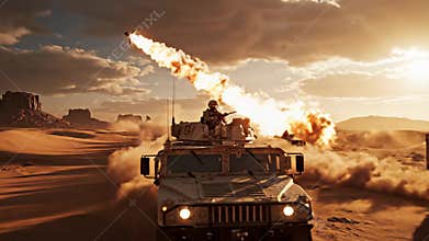 Military Convoy Navigating Arid Desert Terrain with Missile Launch at Sunset