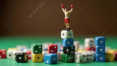 Miniature athlete in victory pose standing on tower of dice of different heights