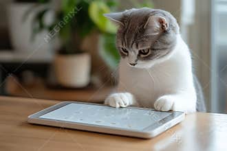 Cat using a tablet in modern indoor setting