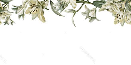 Template of seamless border of white lilies in watercolor clipart as a symbol of purity and innocence.Decoration for