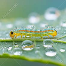 Orange and green caterpillars crawl on kale leaves, captured through a magnifying glass for a detailed view