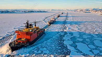 Aerial view of a powerful icebreaker ship leading a convoy of cargo vessels through a frozen arctic sea. Maritime transport and
