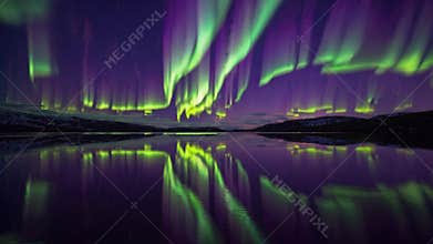 glassy lake reflects vivid aurora curtains in green and purple still water mirrors sky, distant shoreline and mountain
