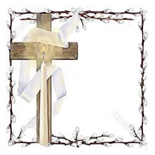 Easter square frame of willow branches with a cross and a glowing candle. Botanical watercolor template for spring holiday