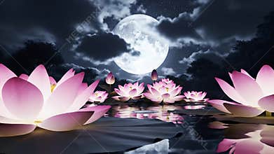 Moonlit Water Lilies and Pink Lotuses Reflecting Under Night Sky Over Tranquil Lake