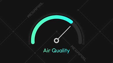 Animated circular air quality gauge with glowing cyan progress arc and indicator needle on a dark minimalist