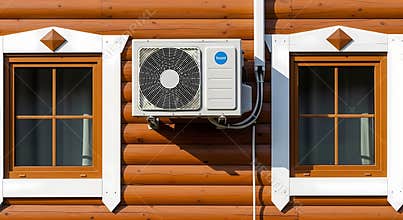 Exterior of a log cabin with air conditioning unit installed on the wall between two windows for heating and cooling