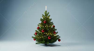 Christmas tree decorated with red baubles and fairy lights on blue gradient festive holiday symbol with candle on top