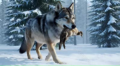A wolf carries prey in its mouth, shaped like a bird. A winter forest, white snow, and trees surround it.
