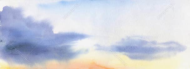 Soft watercolor sunset sky with layered clouds in blue and warm light tones across wide horizon. Illustration hand drawn