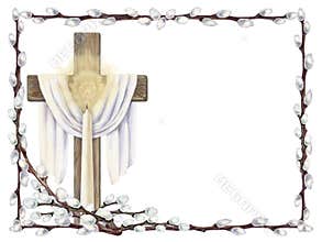 Watercolor frame with wooden Christian cross, white cloth, burning candle, willow branches. Religious Easter clipart with candle