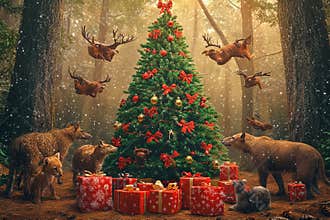 Magic of Christmas in a forest surrounded by joyful animals and gifts