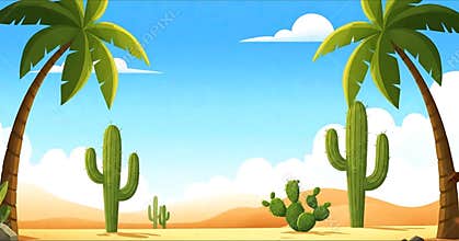 Cartoon Camel in the Desert with Palm Tree and Cacti Illustration