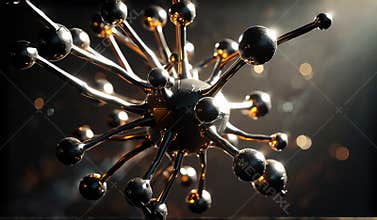 Futuristic Abstract Network: Glossy Spheres and Metallic Rods in Bokeh Light