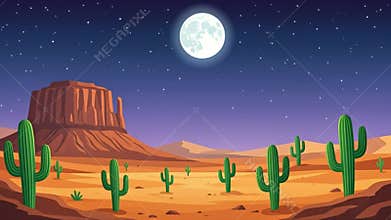 Animated Desert Night: Cacti, Mountain, Moon, and Stars in a Cartoon Landscape