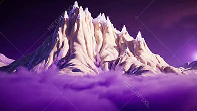 Icy Mountain Peaks Rise Above a Sea of Purple Clouds on a Dark Purple Night