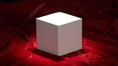 White Cube Centered on Wrinkled Red Velvet Surface Under Bright Light