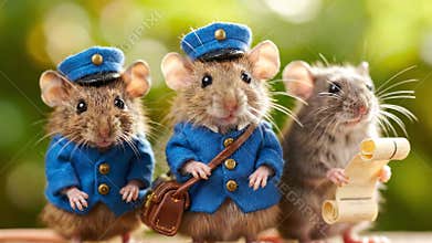 Three animated mice dressed as postal workers delivering mail