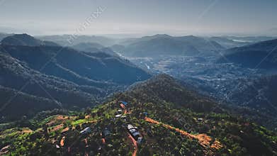 Aerial view of mountains covered by forest in Chiang Mai Province, Thailand