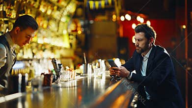 Rich businessman scrolling mobile screen at bar counter. Guest sipping brandy