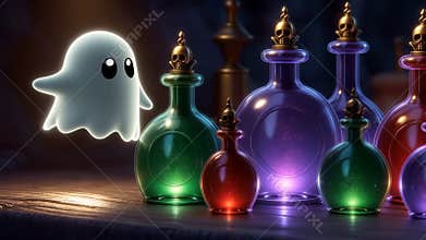 Friendly ghost floating near magic potions bottles on a table. Media