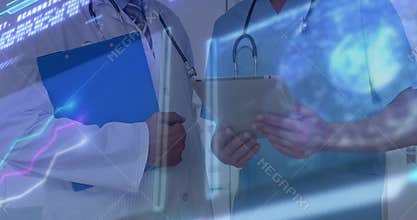 Healthcare team holding clipboards upon interface appearing showing sphere scans guiding review