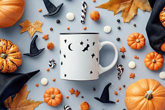 Halloween mug and pumpkin flat lay with festive decor and patterns