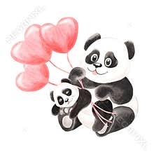 Panda with cub and heart-shaped balloons watercolor illustration for kids design. Hand drawn isolated black and white