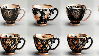 Four ceramic cups with unique illustrations and artwork