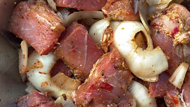raw pork meat for shashlik marinated with onions