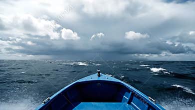 Boat Travels on Open Ocean Under Stormy Clouds During Daytime