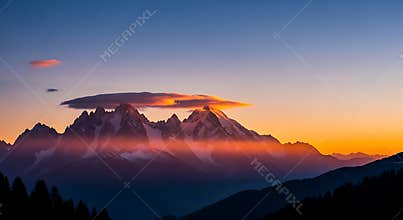 Majestic snow capped mountains at sunset with orange glow and blue sky nature landscape