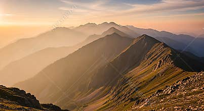 Golden sunset over layered mountain peaks and grassy slopes range
