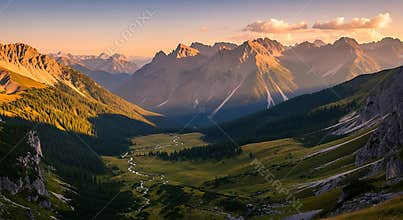 Golden hour light illuminates a winding river valley and mountain range stream landscape