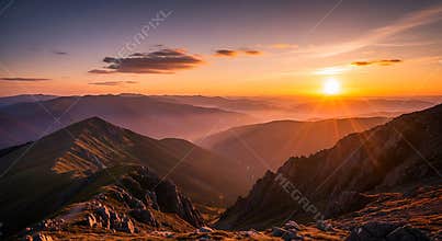 Golden sunset over layered mountain ranges with sunbeams mountains nature