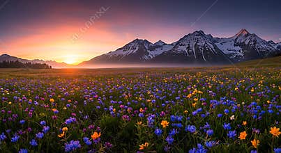 Wildflower meadow at sunrise with snow capped mountains and purple sky wildflowers
