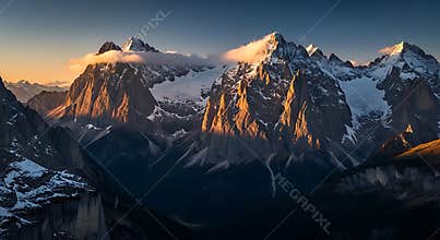 Jagged mountain peaks bathed in golden sunrise light with snow rock