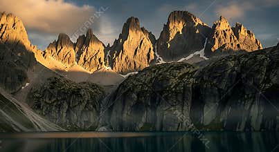 Jagged mountain peaks illuminated by golden hour sunlight above a still lake rock