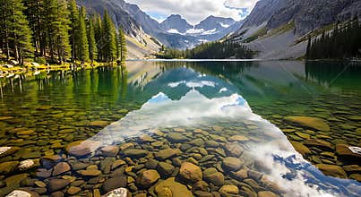 Crystal clear mountain lake with rocky bottom and forest reflection water pebble