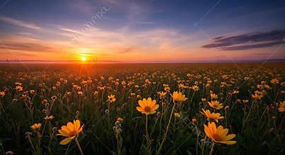 Yellow wildflowers in field at sunrise with sunburst and blue sky nature