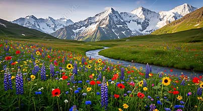 Vibrant wildflower meadow with winding stream and snow capped mountains wildflowers
