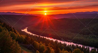 Fiery sunset over a winding river and dense forest landscape orange