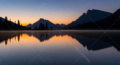 Serene mountain lake at dawn with orange sky and reflections sunrise