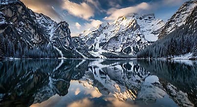 Snow covered mountains reflected in calm lake water at sunrise winter reflection